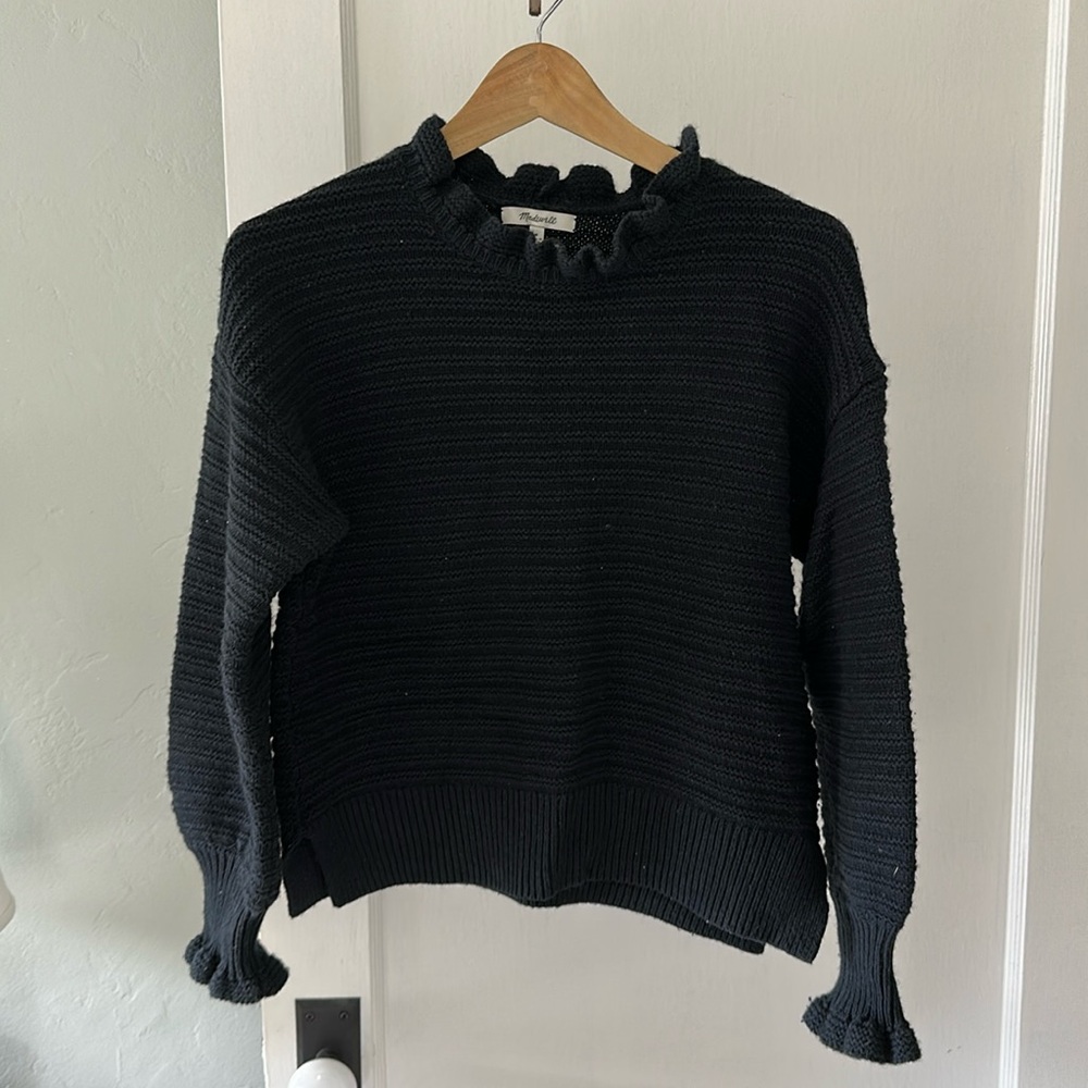 Madewell navy sweater with ruffle neck and sleeve size medium